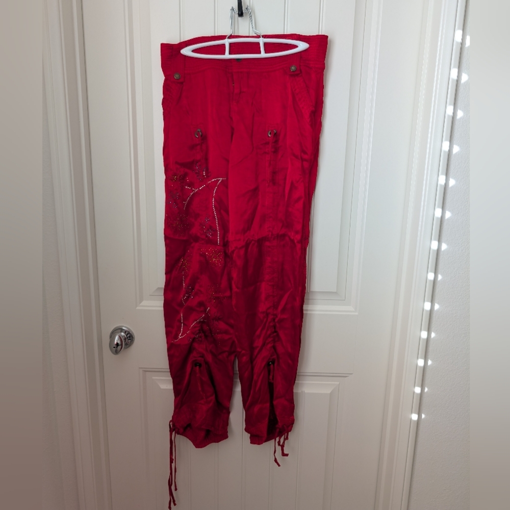 Rare find! Embellished Red Satin Cargo Pants